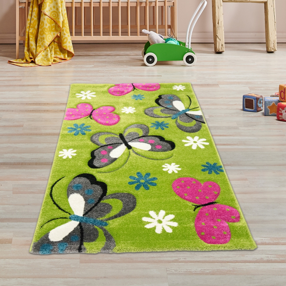Kinderteppich Schmetterling Design Grün Pink Grau Türkis Weiss