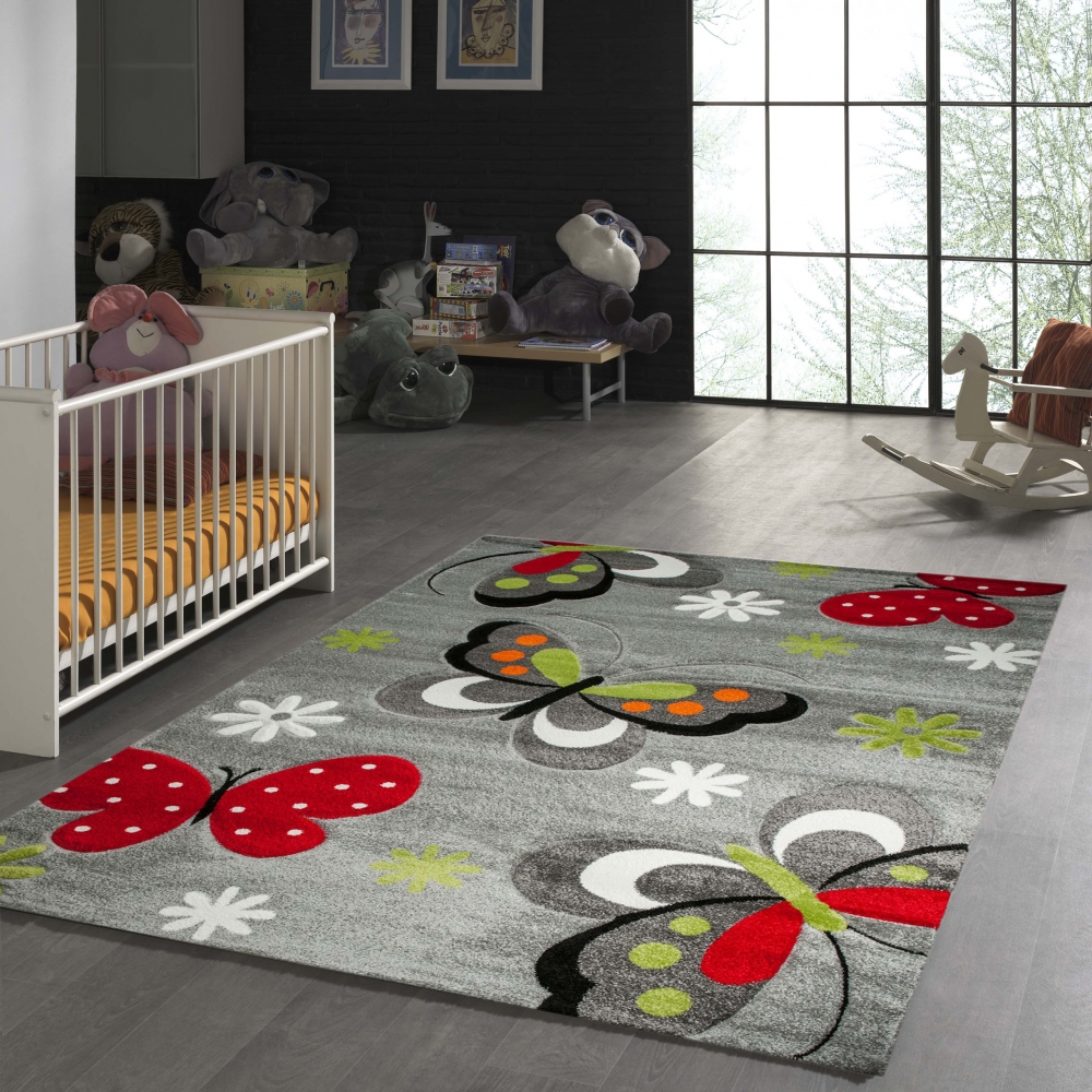 Kinderzimmer-Teppich mit niedlichen Schmetterlingen in grau