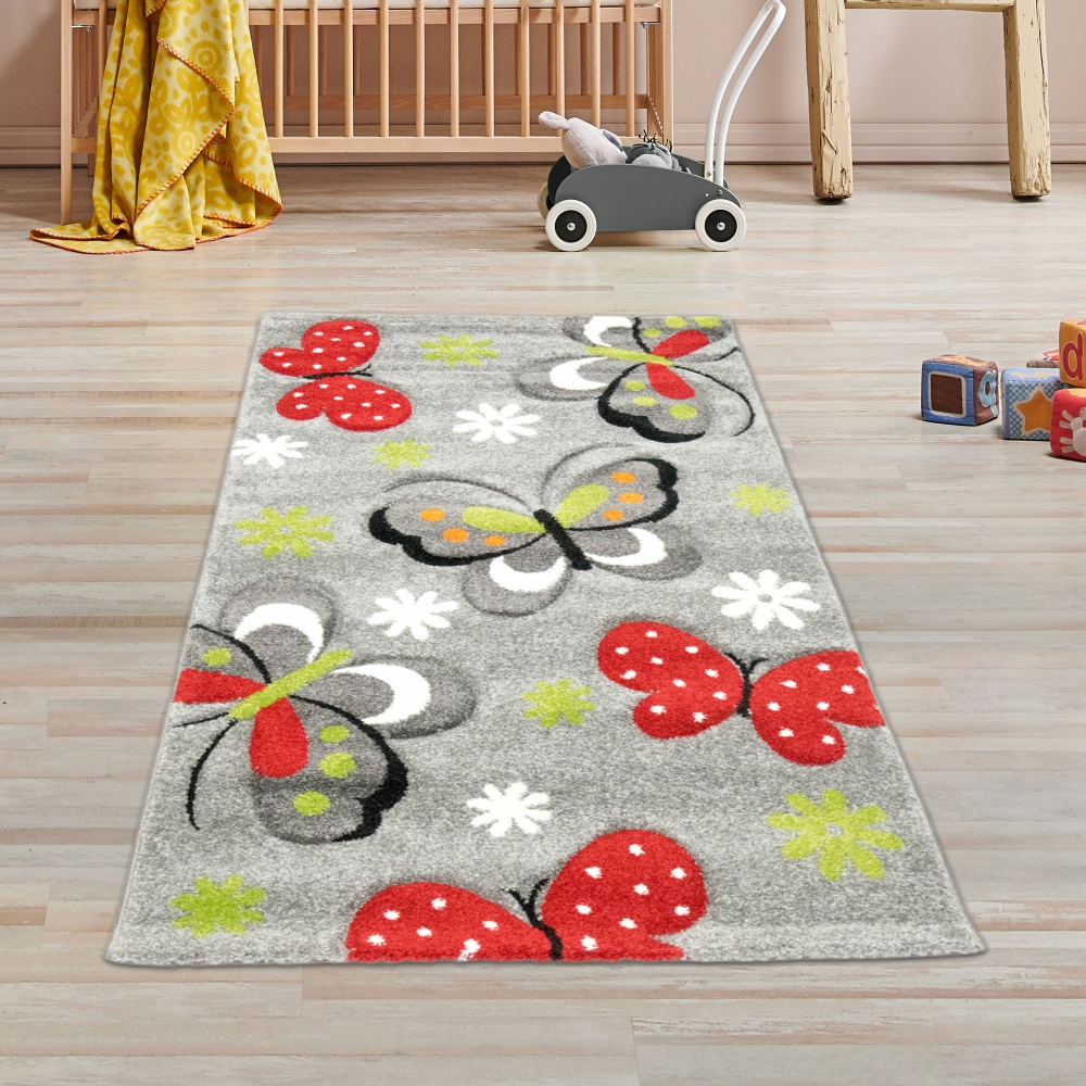 Kinderteppich Schmetterling Design Grau Rot Grün Schwarz Weiss