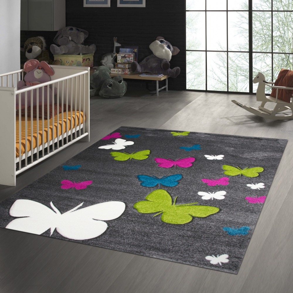 Kinderteppich Schmetterlinge in Grau Pink Türkis Grün