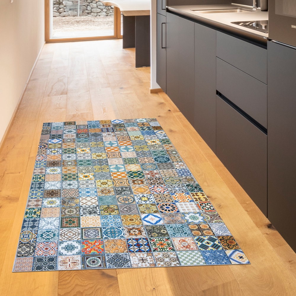 Waschbarer Küchenläufer-Teppich  mit Fliesenmuster in bunt