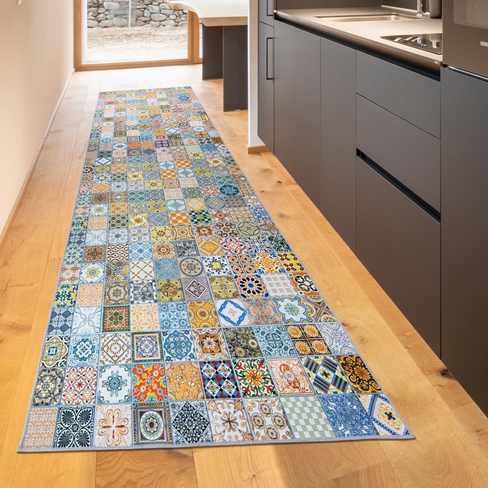 Waschbarer Küchenläufer-Teppich  mit Fliesenmuster in bunt
