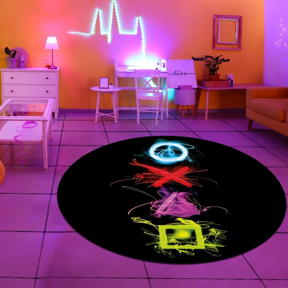 Gaming Teppich mit neonfarbigen Symbolen