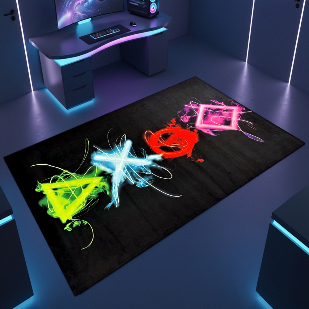 Gaming Teppich mit neonfarbigen Symbolen