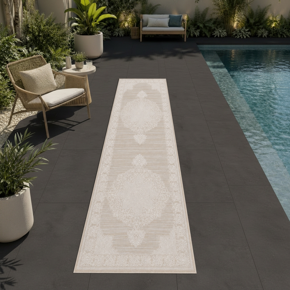 Teppich Beige Creme pflegeleicht für Wohnzimmer Balkon Terrasse