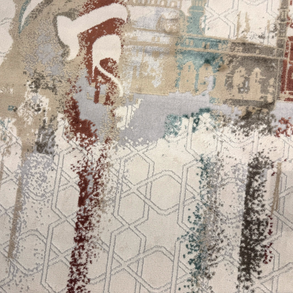Gebetsteppich mit Kalligrafie und Moschee-Motiv in hellen Naturtönen