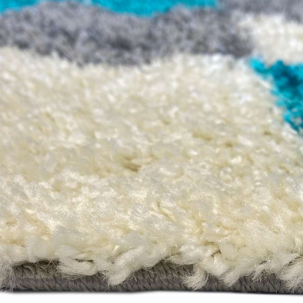 Weicher Shaggy Teppich Mehrfarbig Türkis Grau Creme – moderner Hochflor Teppich