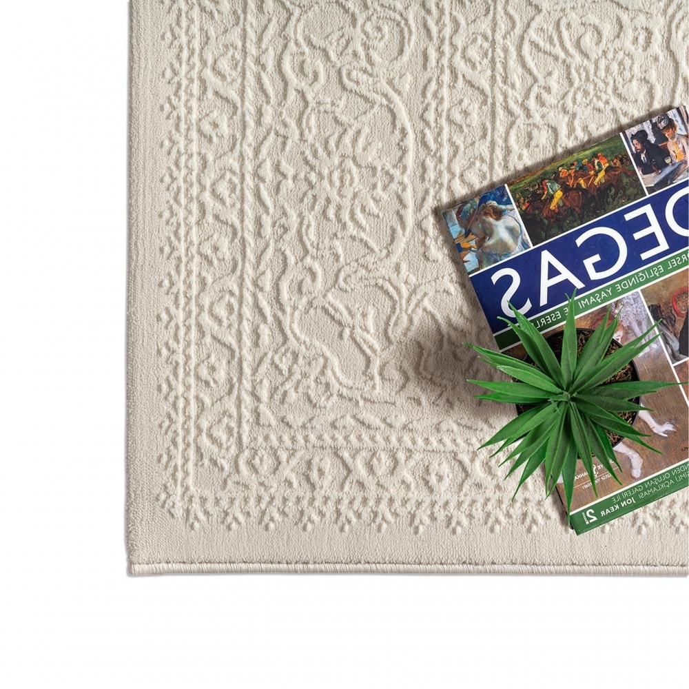 Teppich Creme Ornament Muster pflegeleicht aus recyceltem Material