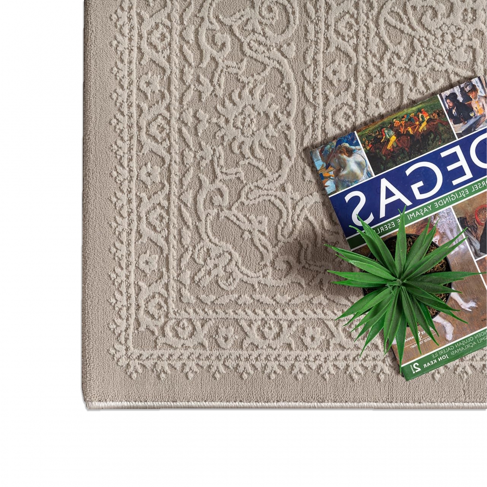 Teppich Taupe Ornament Muster pflegeleicht aus recyceltem Material