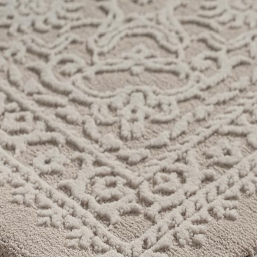 Teppich Taupe Ornament Muster pflegeleicht aus recyceltem Material