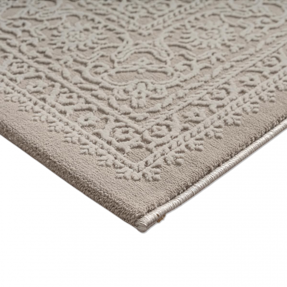 Teppich Taupe Ornament Muster pflegeleicht aus recyceltem Material