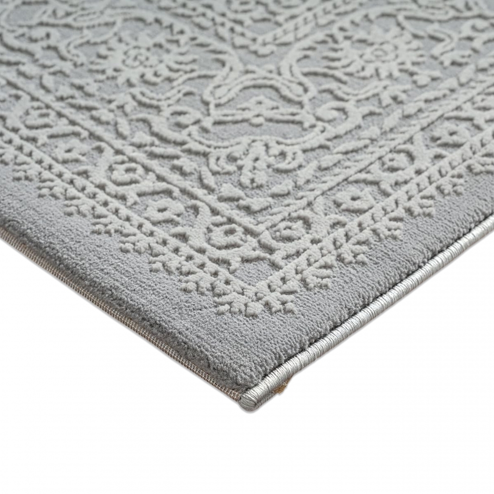 Teppich Grau Ornament Muster pflegeleicht aus recyceltem Material