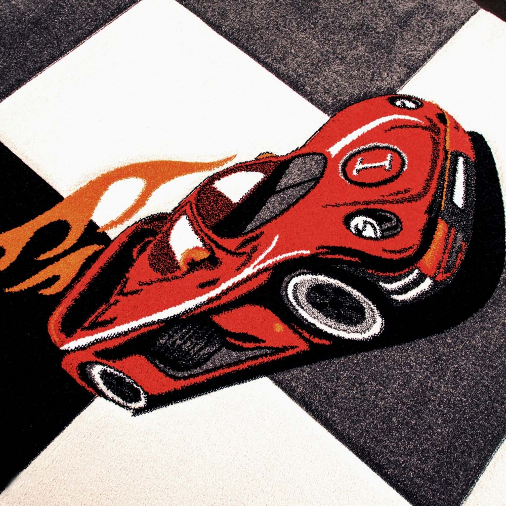 Kinderteppich Rennauto mit Creme Grau Rot Orange Schwarz
