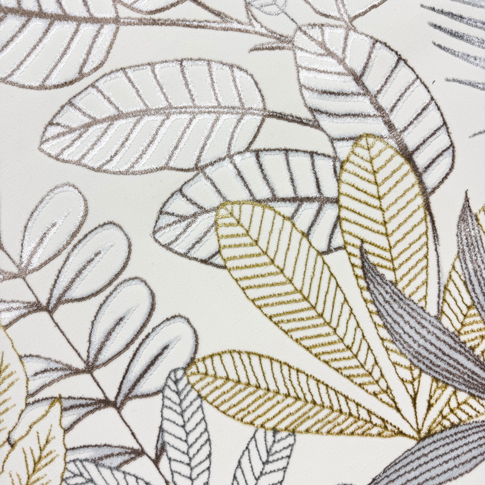 Moderner Wohnteppich mit exotischem Blattdesign in Creme Gold