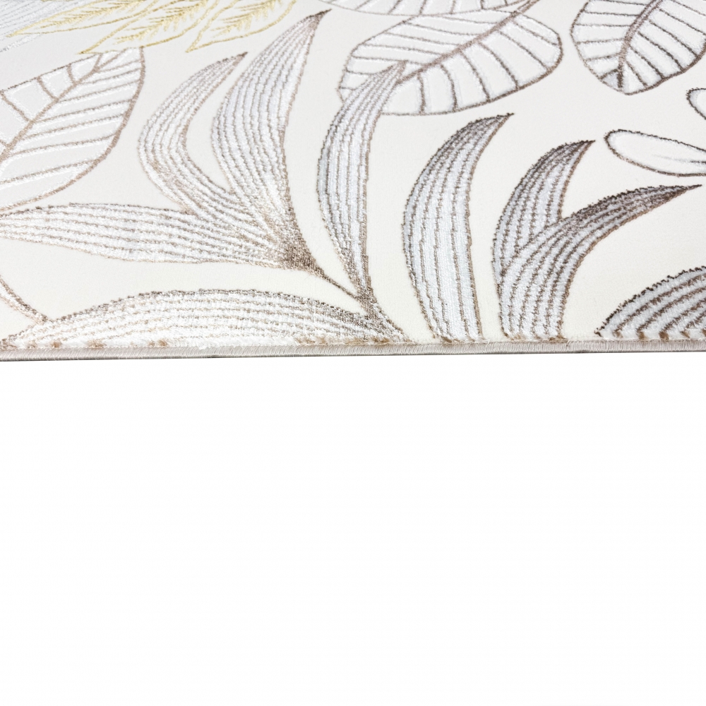 Moderner Wohnteppich mit exotischem Blattdesign in Creme Gold