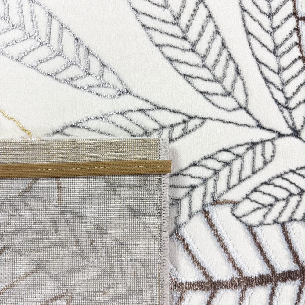 Moderner Wohnteppich mit exotischem Blattdesign in Creme Gold