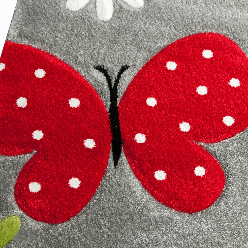 Kinderteppich Schmetterling Design Grau Rot Grün Schwarz Weiss