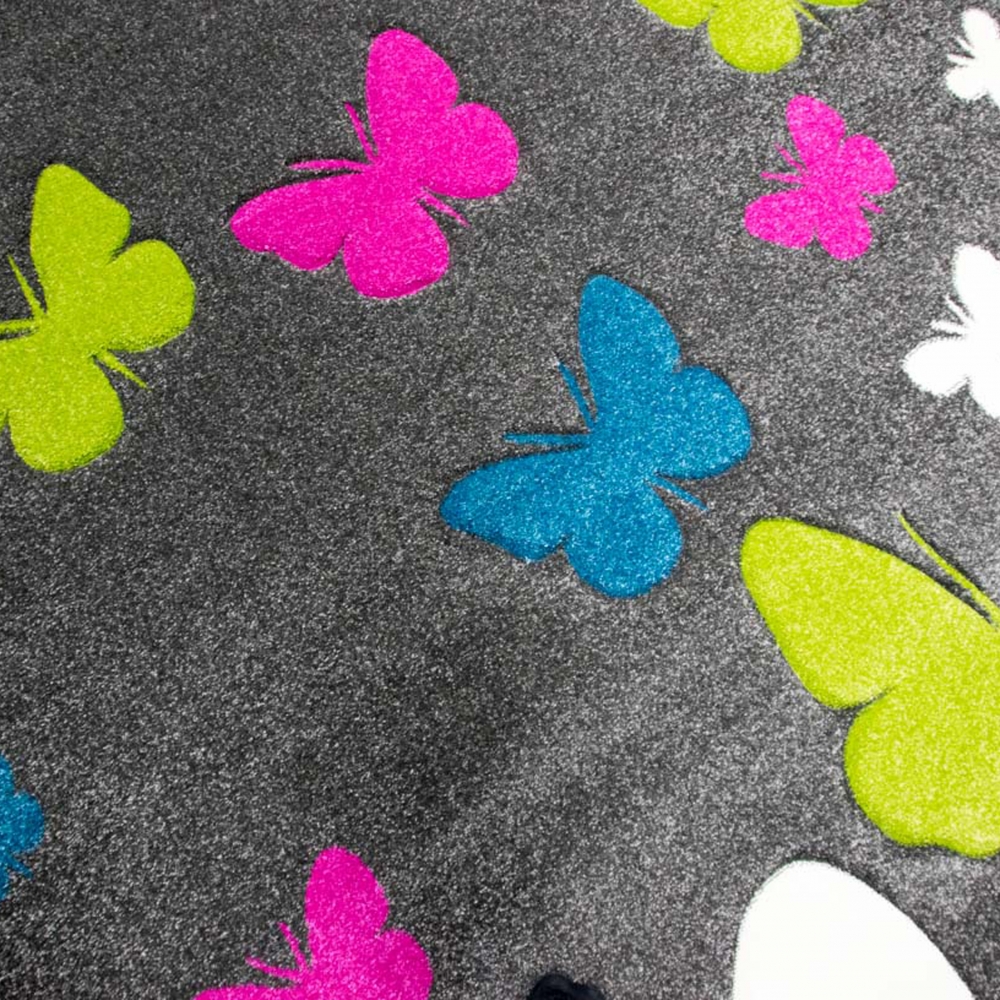 Kinderteppich Schmetterlinge in Grau Pink Türkis Grün