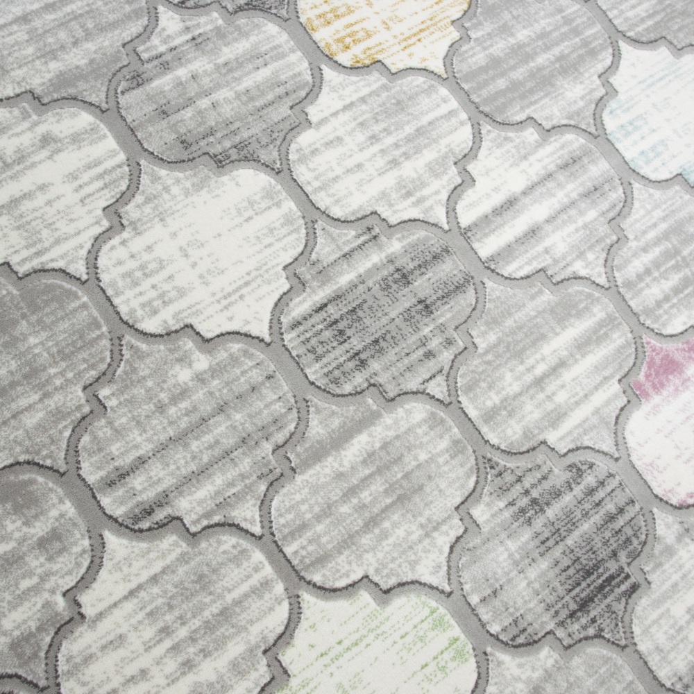 Designer Teppich Marokkanisches Muster in Grau Lila Senfgelb