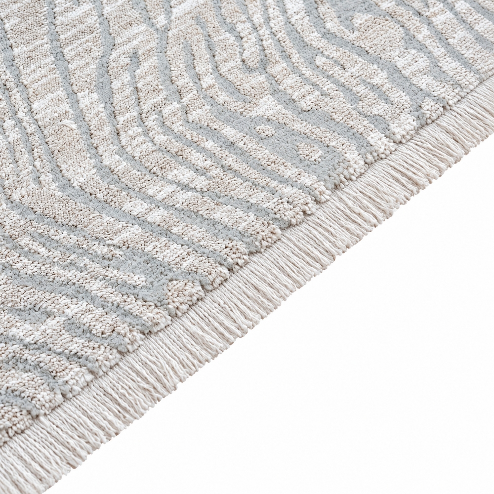 Robuster Teppich Creme mit modernem Linienmuster und Fransen