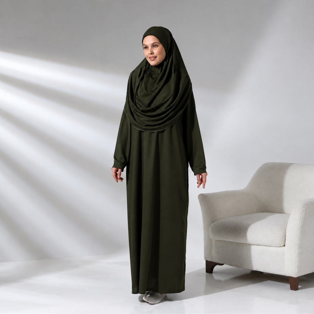Gebetsset Dunkelgrün mit langem Kleid Teppich und Tragetasche