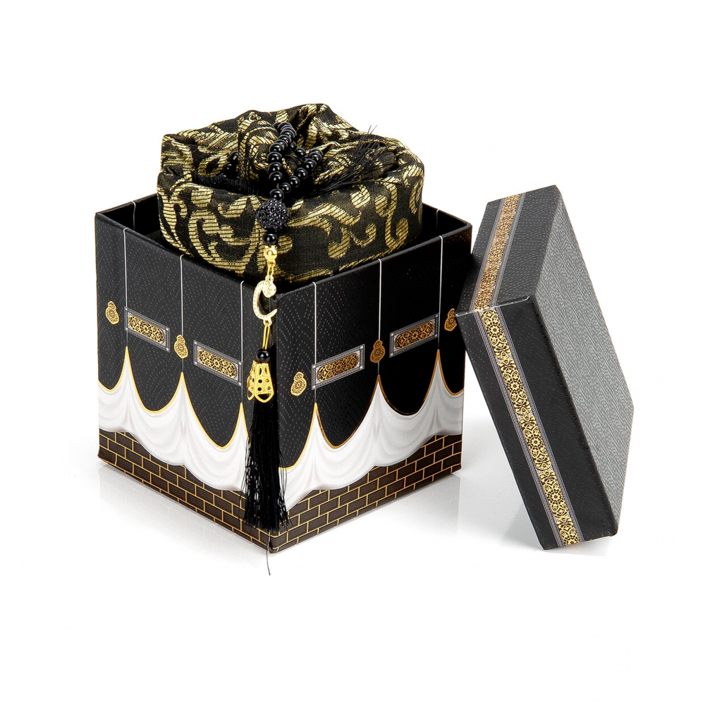 Gebetsteppich Taftstoff Creme 65 x 110 cm mit Geschenkbox und 99er Gebetskette – edles Design für Zuhause und unterwegs