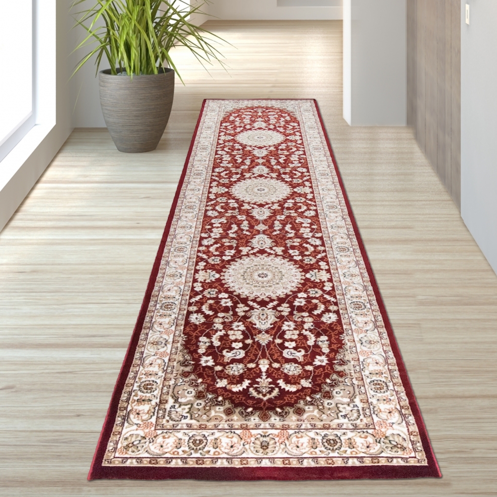 Teppich Rot Creme klassisches Medaillon Muster pflegeleicht Wohnzimmer